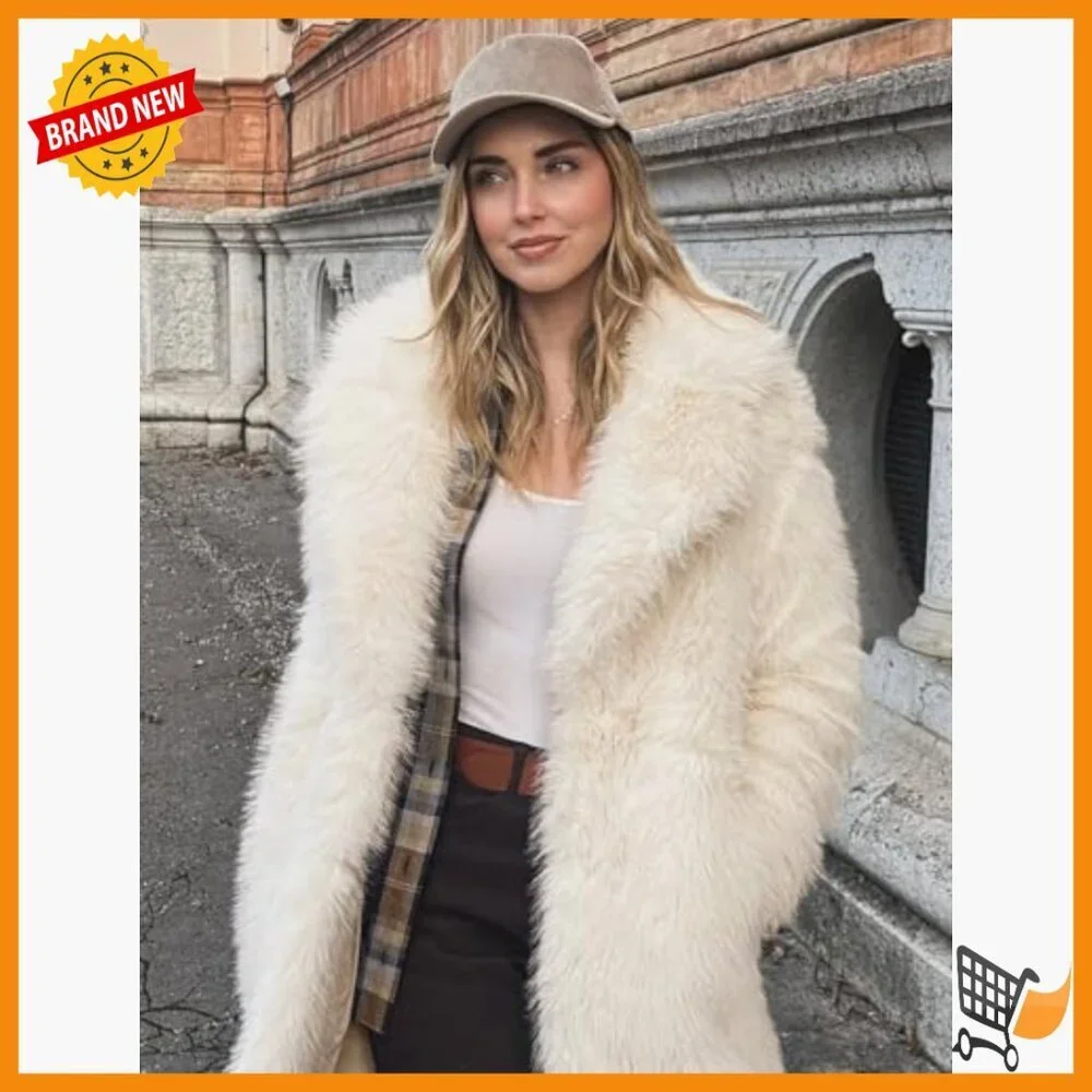 Long Faux Fur Coat Winter Jacket Lapel Collar Snap Button Pockets